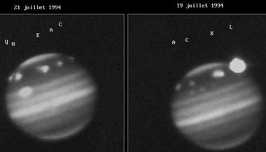 Комета Шумахера-Леви врезается в Юпитер в ночное время