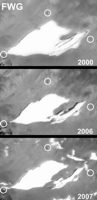 Ледник Фуртванглера, сфотографированный в 2000, 2006 и 2007 гг.